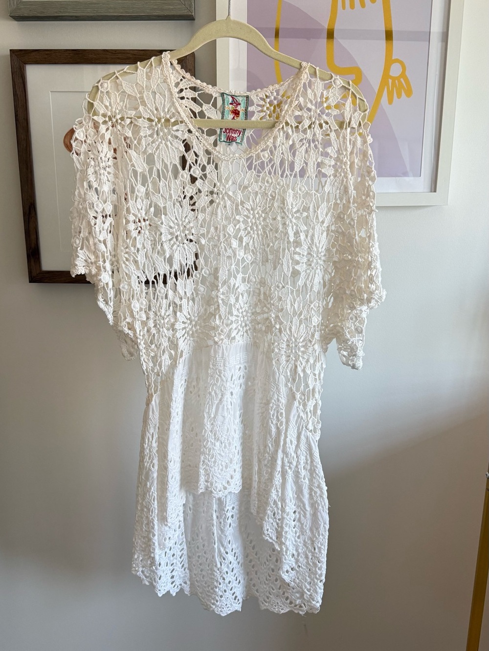 Johnny Was White Crochet Lace Top with Multicolor Embroidered Label